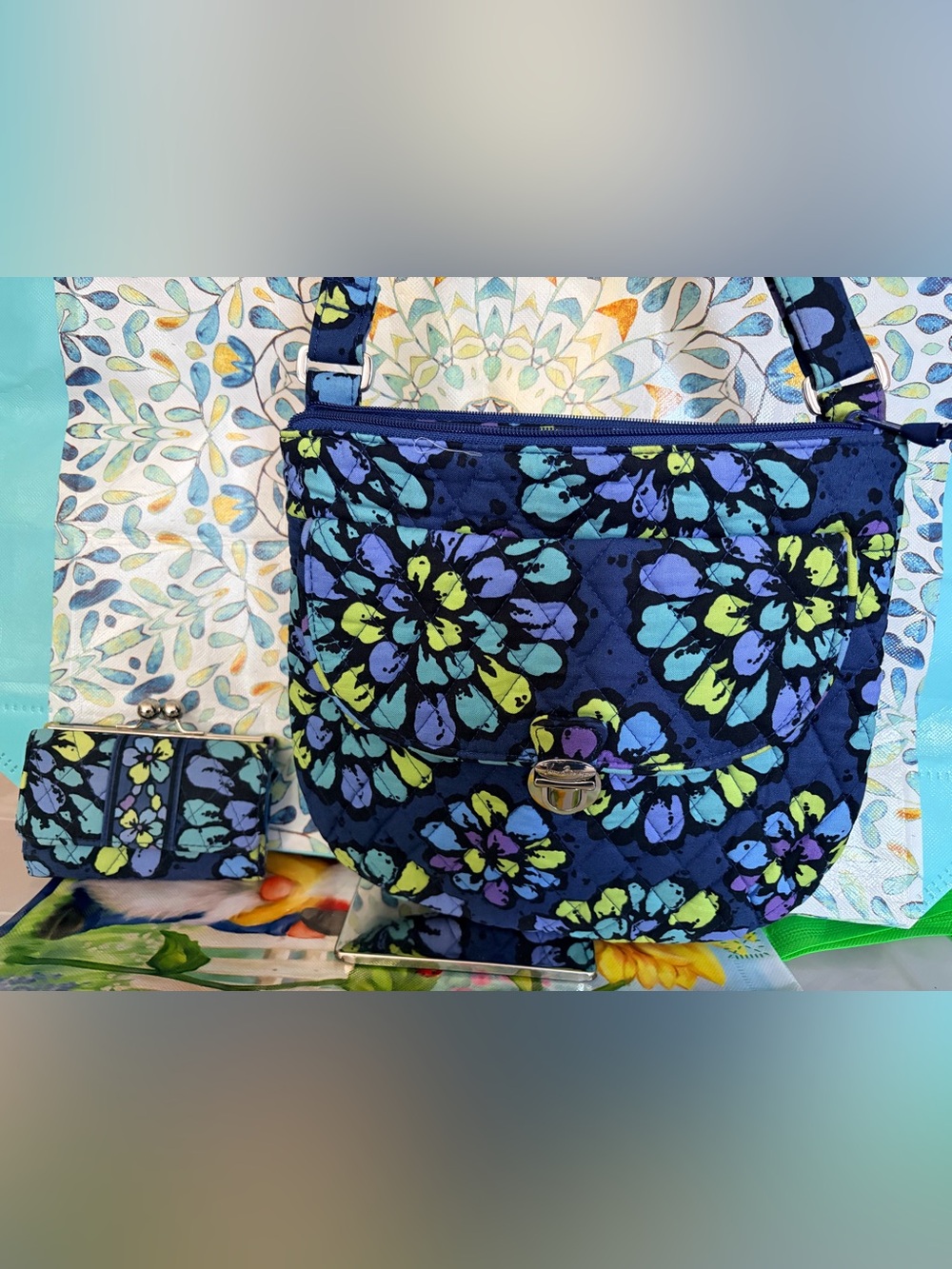 Vera Bradley Quilted Indigo Pop Crossbody Bag & Matching Kisslock Coin Purse
